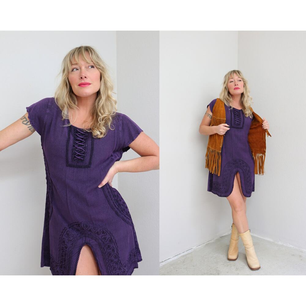 1990's Vintage Dark Purple Indian Rayon Fairy Grunge Summer Dress Women's SM MD